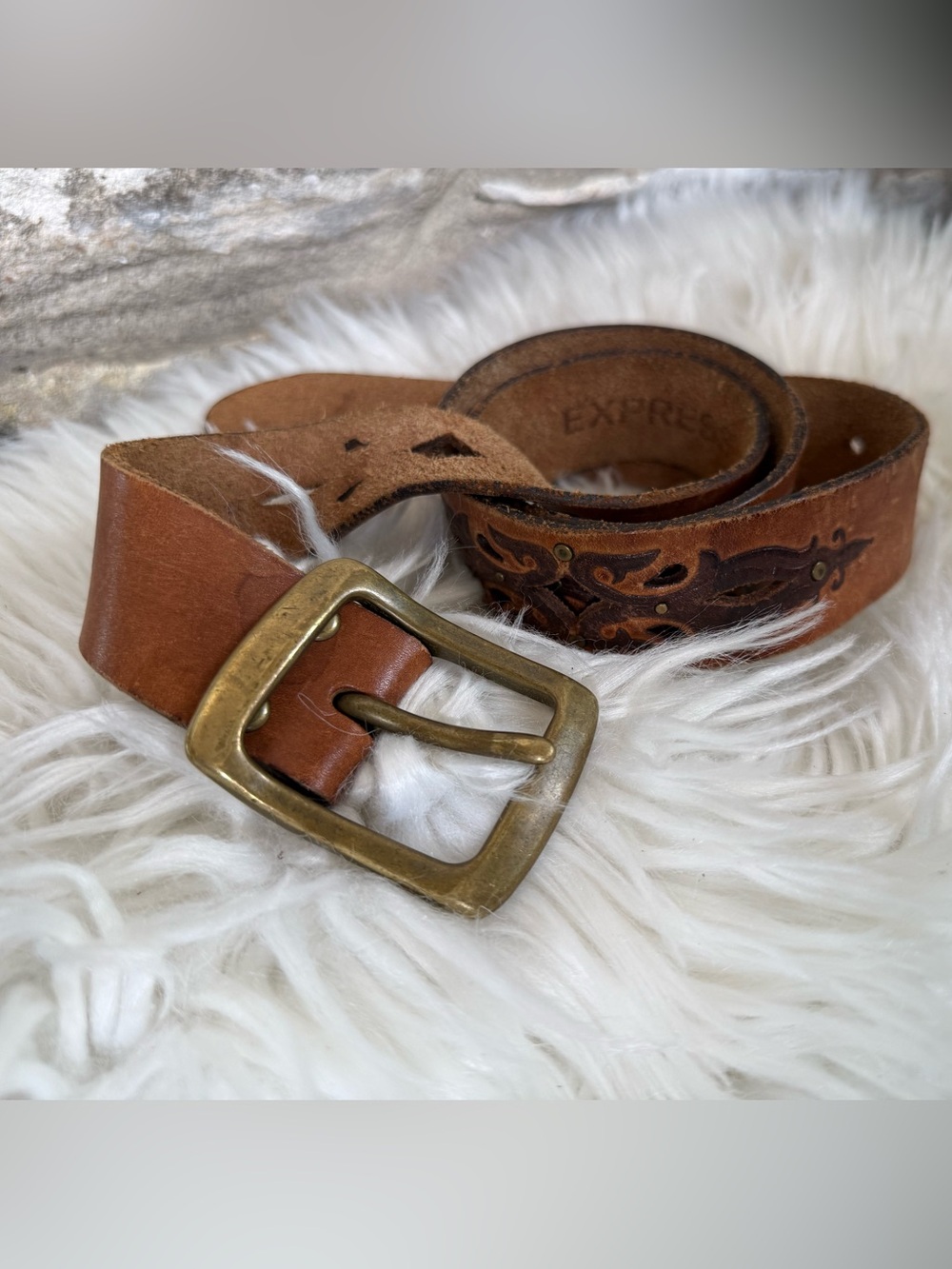 Express Brown Leather Belt with Brass Buckle